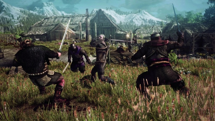 The witcher 3 wild hunt geralt fighting multiple opponents in a village in skellige psd jpgcopy